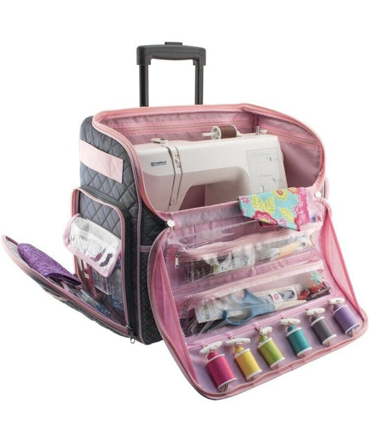 Everything Mary Deluxe Quilted Pink and Grey Rolling Sewing Machine Tote Case Fi