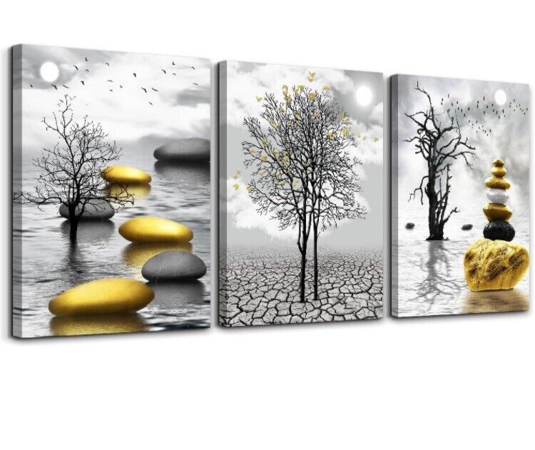 Black And White Painting Yellow Landscape Wall Pictures  3 Piece 12”x16” Each